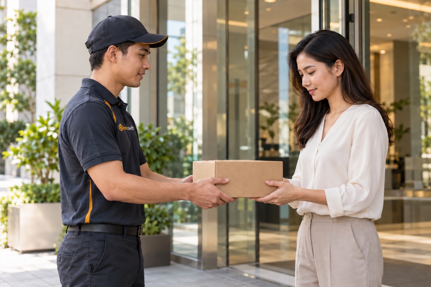 A courier handing a parcel to a customer